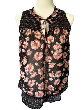 Knox Rose Boho Floral Smocked Sleeveless Blouse Black Orange Tassels